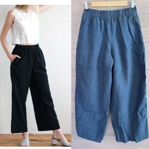 Dallas Daws Della Linen Pants Navy Blue Wide Leg Cropped Elastic Waist M-S
